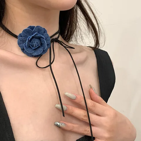Women Vintage Fabric Camellia Flower Choker Necklace Elegant Rose Lace Denim Ribbon Tie Neck Chain Fashion Jewelry Accessory