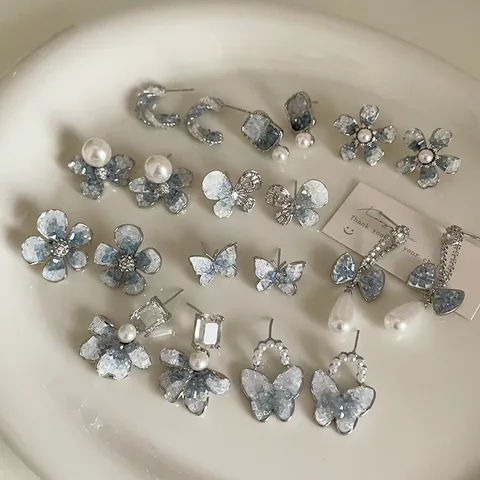Elegant Blue Gradient Crystal Stud Earrings For Women With 925 Sterling Silver Earring Post Butterfly Flower Faux Pearl Jewelry