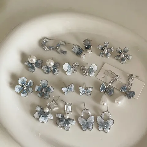 Elegant Blue Gradient Crystal Stud Earrings For Women With 925 Sterling Silver Earring Post Butterfly Flower Faux Pearl Jewelry