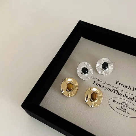 French Vintage Irregular Hammered Alloy Earrings With 925 Sterling Silver Earring Post Real Gold Plated Inlaid Stone Jewelry