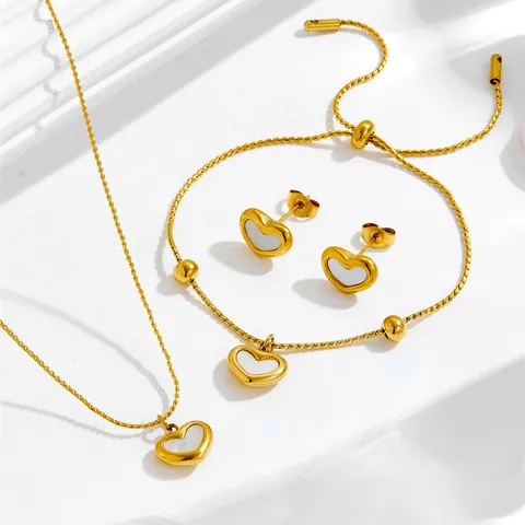 Damen Edelstahl Schmuck Gold Beschichtet Muschel Herz Anhänger Halskette Verstellbar Armband Ohrstecker Mode Schmuck
