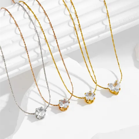 Titanstahl Zirkonia Anhänger Halskette Für Damen Gold Roségold Silber 6-Krappen Rund Herz Schlüsselbeinkette Schmuck
