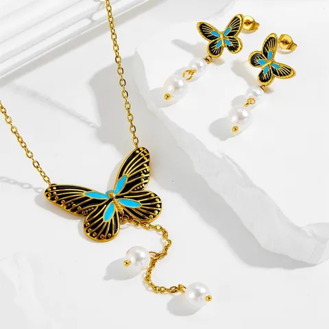 Titanstahl Schmetterling Perle Schmuckset Gold Schwarz Blau Emaille Schmetterling Halskette Und Ohrstecker Für Damen Süße Accessoires