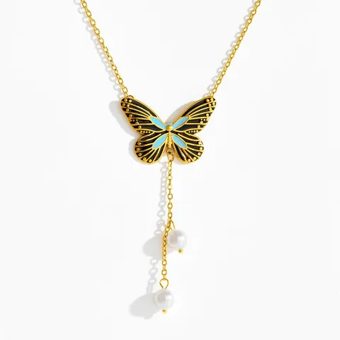 Titanstahl Schmetterling Perle Schmuckset Gold Schwarz Blau Emaille Schmetterling Halskette Und Ohrstecker Für Damen Süße Accessoires