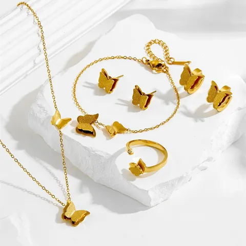 Gold Edelstahl Mattiert Doppelschicht Schmetterling Halskette Ohrringe Armband Verstellbar Offener Ring Schmuckset Damen