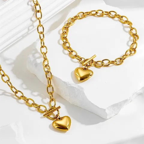 Minimalistisches Titanstahl Herz Anhänger Halskette Und Armband Schmuckset Mit Knebelverschluss Gold Silber Für Damen