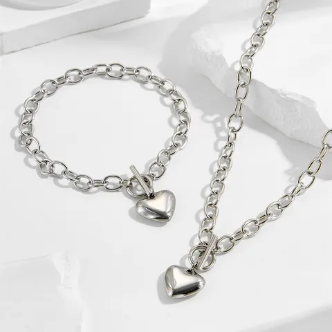 Minimalistisches Titanstahl Herz Anhänger Halskette Und Armband Schmuckset Mit Knebelverschluss Gold Silber Für Damen