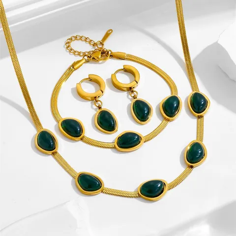 Vintage Edelstahl Smaragdgrün Schmuckset Vergoldet Schlangenknochenkette Halskette Armband Teardrop Ohrringe Für Damen