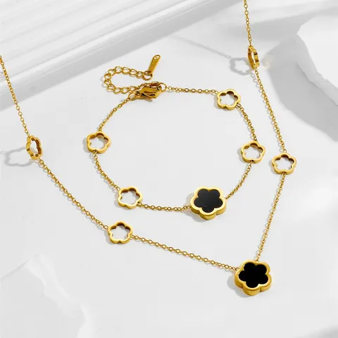Edelstahl Vergoldet Fünfblatt Blume Schwarz Weiß Emaille Halskette Und Armband Für Damen Süßer Schmuck