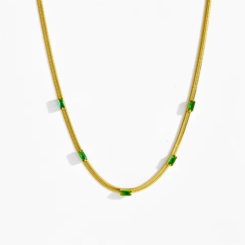 Titanstahl Vergoldete Schlangenkette Halskette Und Armband Rechteck Grüne Weiße Zirkonia Minimalistisches Schmuckset