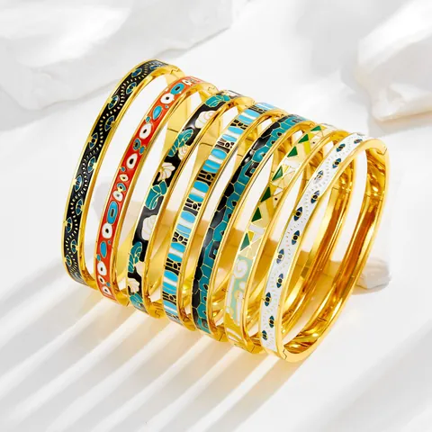 Vintage Emaille Edelstahl Armreif Für Damen Vergoldet Böser Blick Geometrisches Muster Mode Schmuck Scharnier Armband