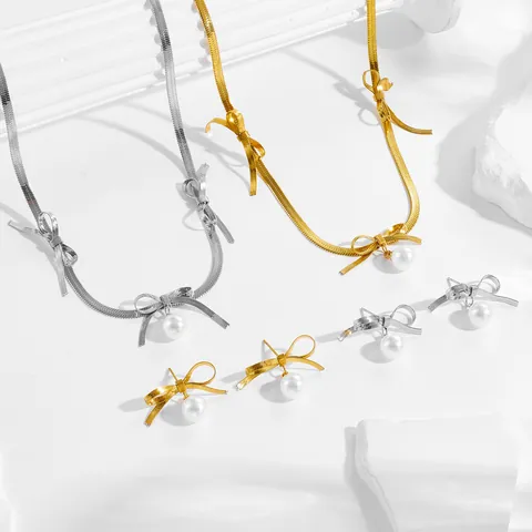 French Vintage Titanium Steel Bowknot Pearl Jewelry Collection 18K Gold Plated Snake Chain Necklace Earrings Jewelry For Women