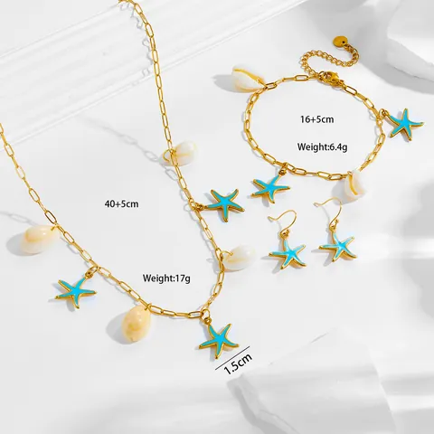 Gioielli Oceano Conchiglia Stella Marina Collana Bracciale Orecchini a Bottone Placcato Oro Acciaio al Titanio Madreperla Smalto Estate Spiaggia Resort per Donna