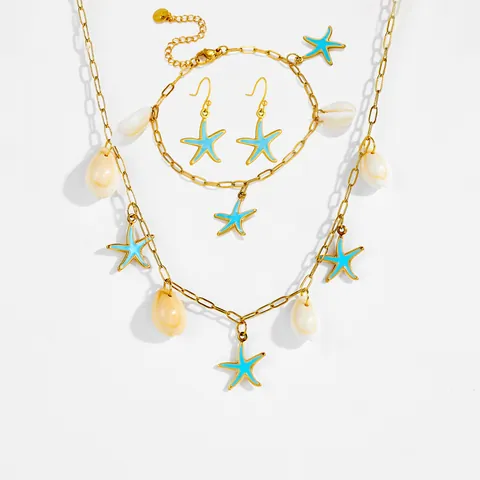 Gioielli Oceano Conchiglia Stella Marina Collana Bracciale Orecchini a Bottone Placcato Oro Acciaio al Titanio Madreperla Smalto Estate Spiaggia Resort per Donna