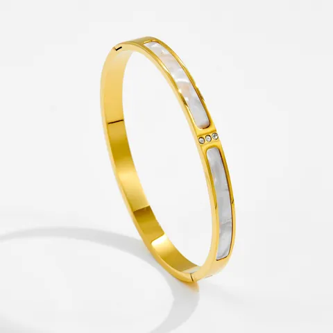 Titanstahl Armreif Für Damen 18K Vergoldet Weiße Muschel Strass Eingelegt Geometrisch Oval Minimalistisch Schmuck