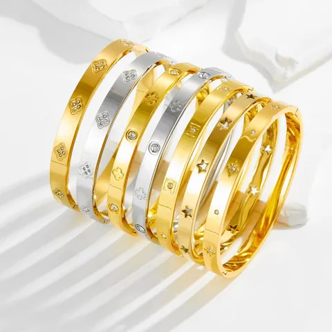 Women's Stainless Steel Zirconia Bangle Bracelet Gold Silver Plated Star Clover Hinged Cuff Bangle Hand Jewelry Accessories