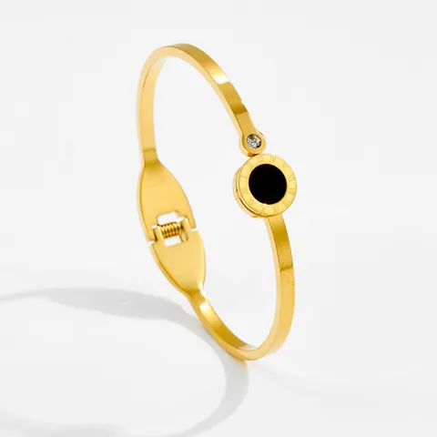 Römische Zahlen Runder Schwarzer Diskus Offener Armreif Titanstahl Strass Eingelegt Roségold Gold Silber Plattiert Armband Damen Schmuck