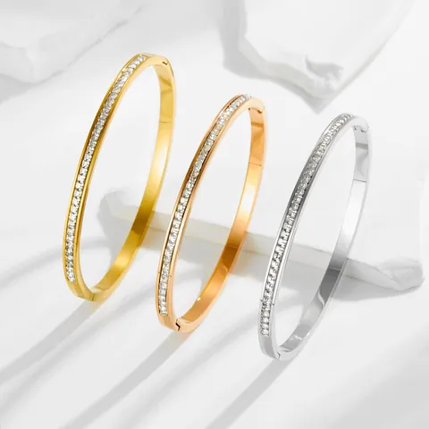 Minimalistischer Titanstahl Zirkon Armreif Für Damen Luxus Reihenbesatz Eingelegt Gold Roségold Stahlfarbe Mode Schmuck Armband