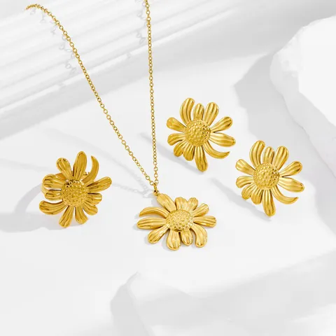 Sonnenblume Gänseblümchen Schmuckset Edelstahl Vergoldet Halskette Ring Ohrstecker Für Damen Boho Mode Accessoires