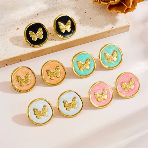 Französisch Vintage Monet Garten Schmetterling Ohrstecker Edelstahl Emaille Relief Runde Ohrringe Für Damen Nischenschmuck