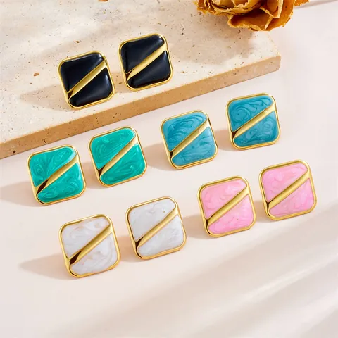 Vintage Edelstahl Quadrat Emaille Ohrstecker Vergoldet Marmor Textur Geometrischer Schmuck Für Damen Ohrringe