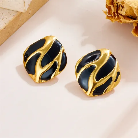Vintage Unregelmäßige Quadratische Ohrstecker Titanstahl Vergoldet Emaille Marmorstruktur Einzigartiger Modeschmuck Für Damen