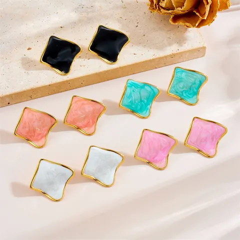 Retro Unregelmäßige Geometrische Quadratische Ohrstecker Gold Vergoldet Titanstahl Marmor Textur Emaille Damen Schmuck