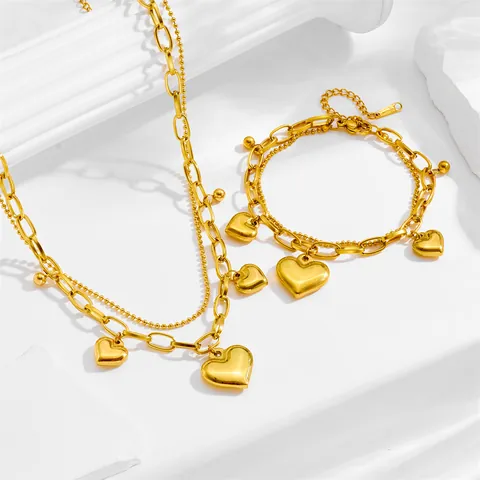 Damen Titanstahl Doppellagiges Herzanhänger Schmuckset Vergoldet Edelstahl Kette Halskette Armband Geschenk