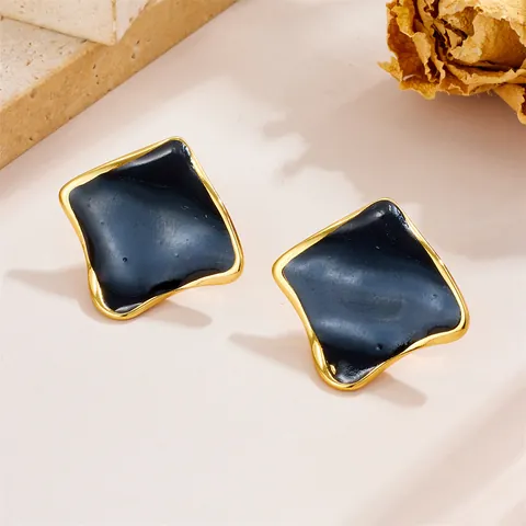 Retro Unregelmäßige Geometrische Quadratische Ohrstecker Gold Vergoldet Titanstahl Marmor Textur Emaille Damen Schmuck