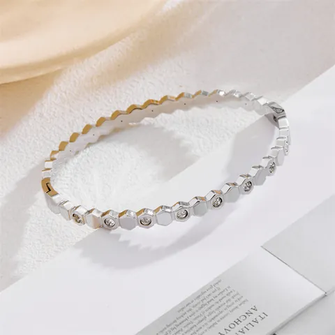 Armreif Aus Titanstahl Mit Wabenmuster Und Funkelndem Zirkon Hexagon Geometrischer Armreif Für Damen Gold Roségold Silber Schmuck