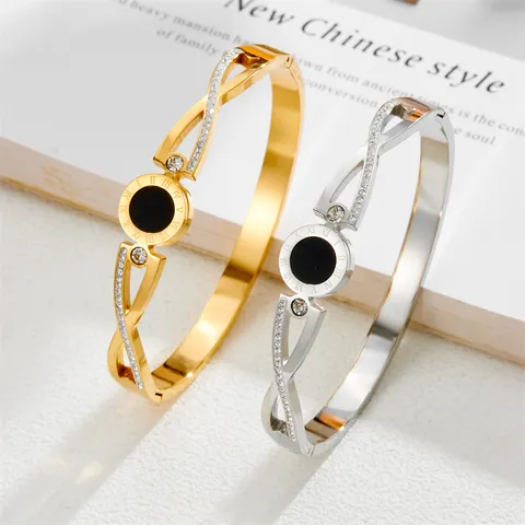 Mode Titanstahl Römische Ziffern Armreif Gold Silber Plattiert Strass Verflochten Offenes Armband Für Damen Luxus Schmuck Geschenk