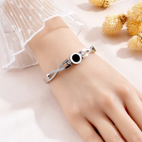 Mode Titanstahl Römische Ziffern Armreif Gold Silber Plattiert Strass Verflochten Offenes Armband Für Damen Luxus Schmuck Geschenk