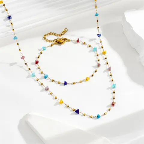 Minimalistisches Edelstahl Schmuckset Mehrfarbige Geometrische Steine Vergoldete Halskette Armband Für Damen Mode Schmuck