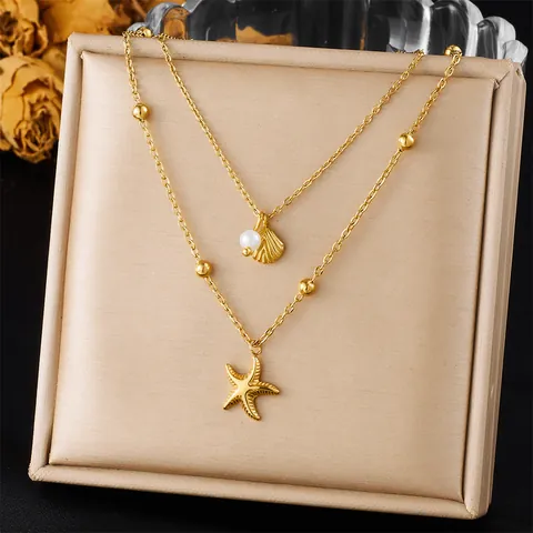 Set di Gioielli in Acciaio Inossidabile Oceano Stella Marina Conchiglia Perla Artificiale Collana Cavigliera Oro Spiaggia Donna