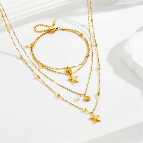 Edelstahl Doppelreihige Seestern Muschel Halskette Vakuum 14K Vergoldet Ozean Stil Fußkettchen Schmuck Für Damen Sommer Urlaub