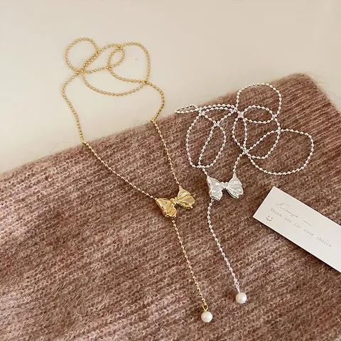 French Retro Metal Bow Pendant Necklace For Women Elegant Gold Silver Plated Ball Chain Mother Of Artificial Pearl Charm Fashion Jewelry Gift