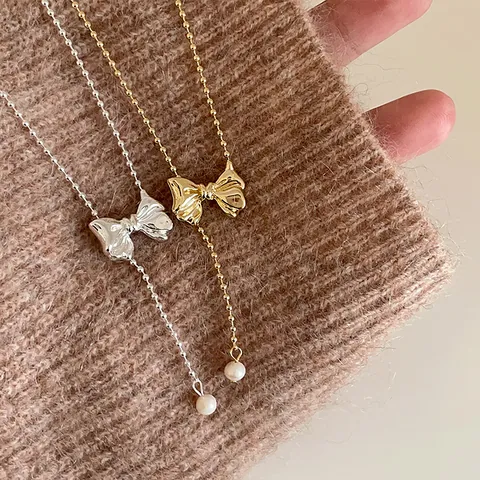French Retro Metal Bow Pendant Necklace For Women Elegant Gold Silver Plated Ball Chain Mother Of Artificial Pearl Charm Fashion Jewelry Gift