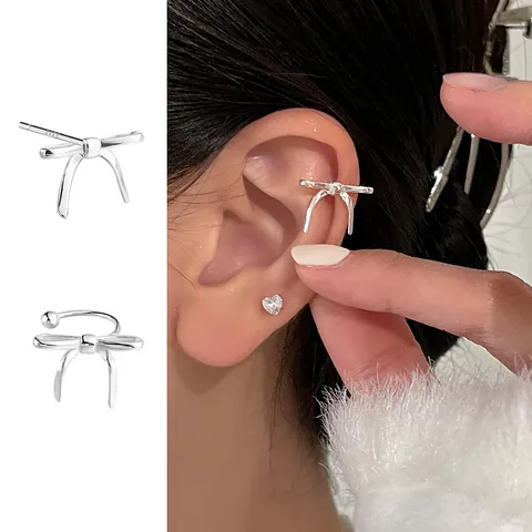 Women Minimalist Bow Knot Stud Earrings With 925 Sterling Silver Earring Post Fashion Sweet Alloy Metallic Ear Cuffs