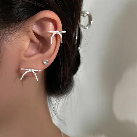 Women Minimalist Bow Knot Stud Earrings With 925 Sterling Silver Earring Post Fashion Sweet Alloy Metallic Ear Cuffs