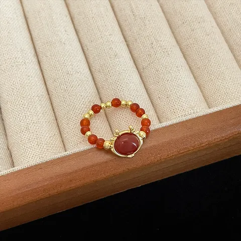 New Chinese Style Beaded Ring For Women Red Agate Look Beads Gold Plated Alloy Lucky Pendant Dragon Horn Jewelry Accessory