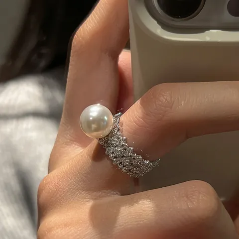 Luxe 925 Sterling Zilver Parel Open Ring Verguld Micro Ingelegde Zirconia Brede Band Verstelbare Mode Trouwring