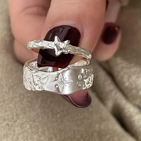 Vintage 925 Sterlingsilber Stern Offen Verstellbar Ring Für Damen Gehämmerte Textur Versilbert Zirkonia Finger Schmuck Geschenk