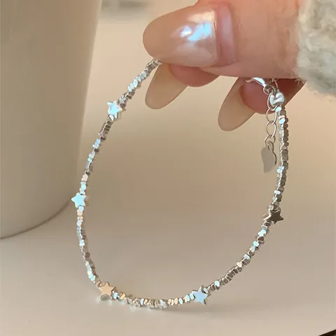 925 Sterling Silver Star Broken Silver Bracelet For Women Minimalist Elegant Heart Pendant Adjustable Beaded Link Hand Jewelry Gift
