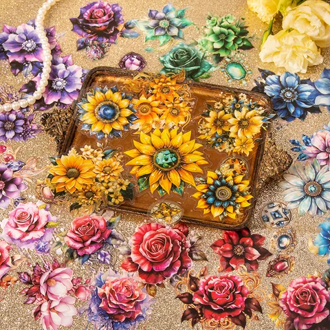 Autocollants en PET Vintage Fleurs et Gemmes Esthétique Gem Blooms Décoratif pour Journal Scrapbooking Matériel de Bricolage