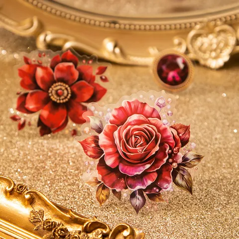 Autocollants en PET Vintage Fleurs et Gemmes Esthétique Gem Blooms Décoratif pour Journal Scrapbooking Matériel de Bricolage