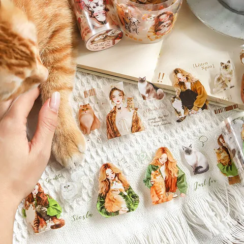 PET Decorative Tape Kitten And Puppy Series Girl And Pet Theme Die-cut Loop Stickers For Scrapbooking Journaling DIY Crafts Stationery Gift