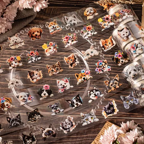 Cute Pet Theme PET Die Cut Tape Waterproof Decorative Cat Dog Sticker Roll For Journaling Scrapbooking DIY Stationery Gift