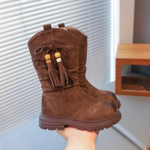 Girls Retro Tassel Suede Winter Boots Side Zipper Thick Sole High Top Warm Round Toe Distressed Knight Boots