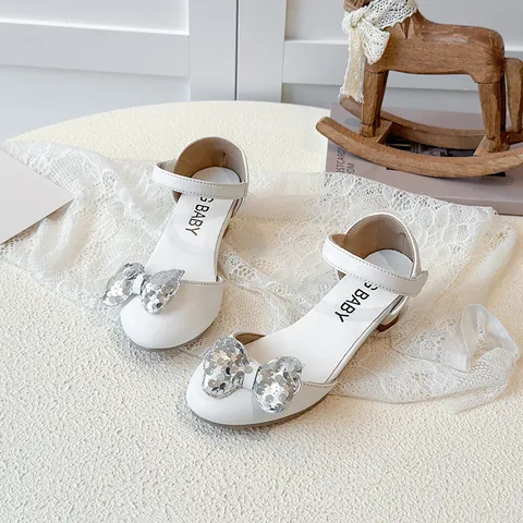 Girls Sequin Bow Princess Shoes Low Chunky Heel Mary Jane Party Wedding Dress Shoes For Kids