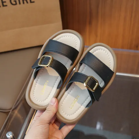 Claquetttes Fille à Double Bride avec Boucle Dorée en Cuir PU Semelle Souple Antidérapante Pantoufles de Plage Été Enfants